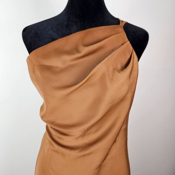 Pretty Garden One-Shoulder Midi Dress Brown Satin Size Medium Party Wedding Chic - Picture 4 of 9